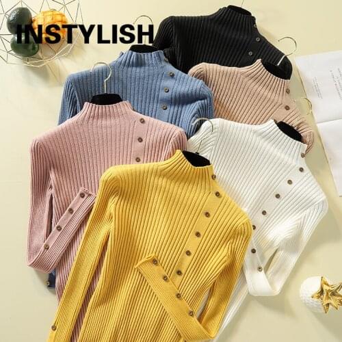 Women Autumn Korean Harajuku Button Pullover Elegant Turtleneck Slim Knitting Sweater Winter Warm Jumpers Simple Retro Tops