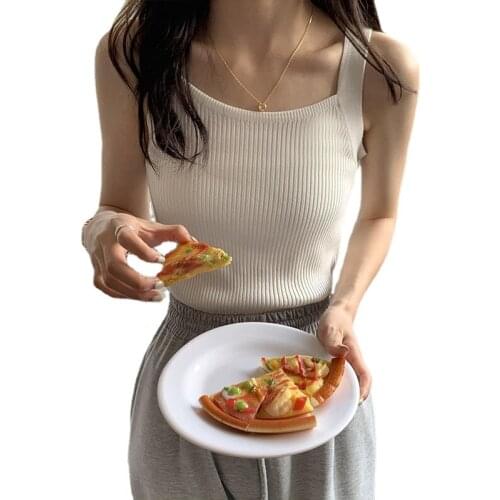 Womens New slim-fit ice silk sling casual outer wear pure color knitted inner base sleeveless square neck stretch sexy vest top