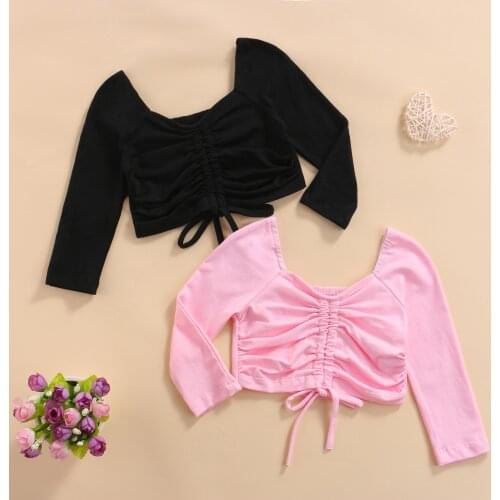 FOCUSNORM 1-6Y Autumn Kids Girls Fashion T Shirts Tops Solid Long Sleeve Pullover Ruched Short Length Tops