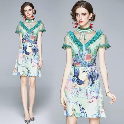 Summer Fall Vintage Print Voile Patchwork Ruffled Mock Neck Bow Short Sleeve Empire Waist Women Ladies Party A-Line Midi Dress