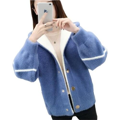 2020 Autumn Winter Jacket Female New Imitation Mink Velvet Short Knit Cardigan Jackets Sweater Woman Korean Loose Hooded Tops