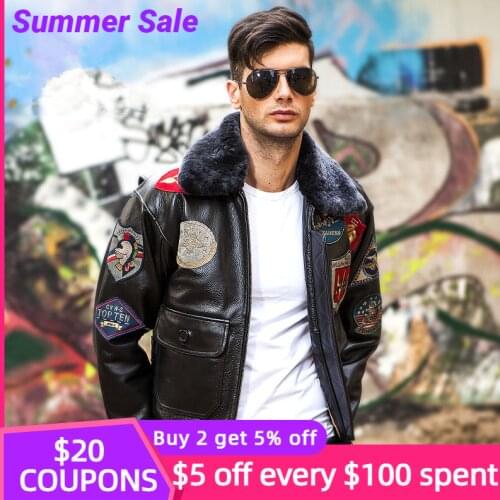 2021 Blakc MenTop Gun Real Leather Pilot Jacket Plus Size 3XL Wool Collar Genuine Cowhide Military Aviation Natural Coat