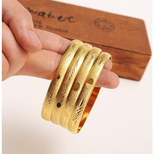 4 Pieces) box Wholesale Fashion Wedding Bangle Jewelry 14 k Yellow Solid Gold GF Filled Dubai Bracelet Women Africa Arab Items