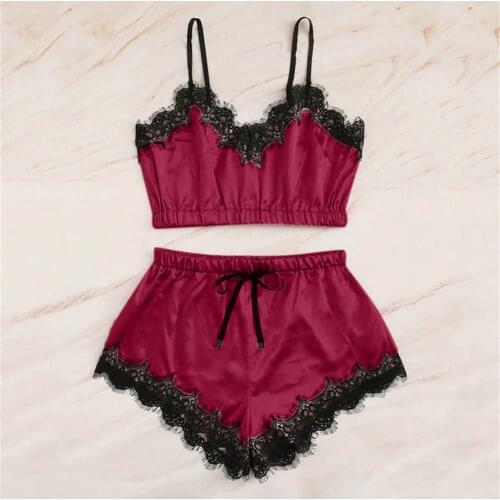 Women Lounge Wear Sexy Lace Pajama Set V-neck Sleeveless Cami Top and Shorts Sleepwear Pijama Lingerie Set Mujer Plus Size XXL