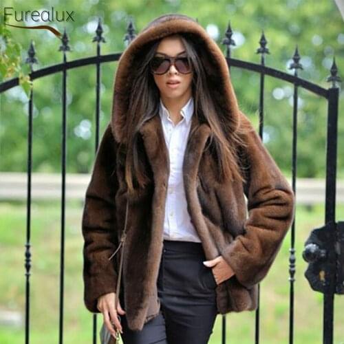 FUREALUX 2021 New Style Natural Real Mink Fur Genuine Fur Coat Womens Winter Gentle Fashion Pure Handmade European Clothing