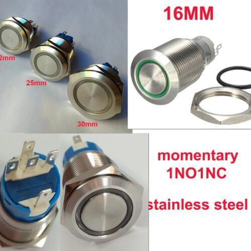 16mm 19mm 22mm 25mm 30mm 6V 12V 230V Ring Led Light Momentary Push Button Switch DPST Metal Industrial Boat Car DIY Switch