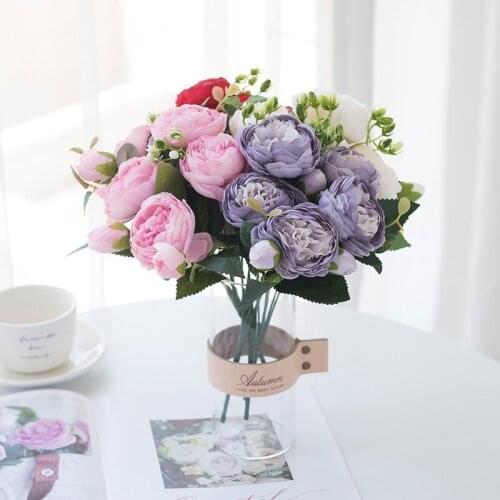 2Pcs 5 Heads Roses Bunch Artificial Flowers Bouquet for Wedding Table Decoration Home Party Layout Fake Peony Floral