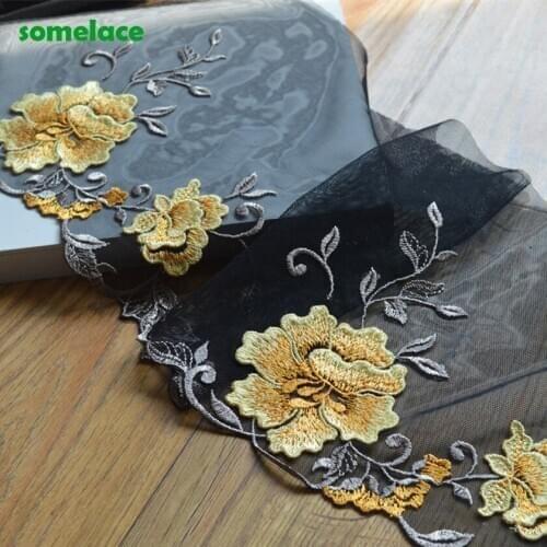 2Yds/lot 21cm Wide Black Mesh 3D Yellow Floral Pattern Embroidery High Quality Lace Trim For Garments Wedding 20204116