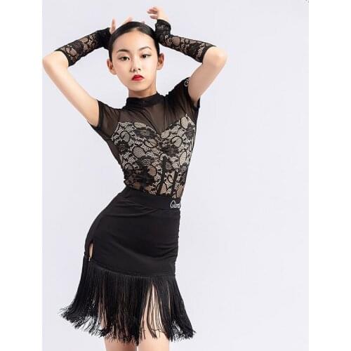 Lace Latna Dance Tops Girls Fringe Skirt Black Salsa Dacning Outfit Stage Costume Designer Clothes Mesh Practice Wear DL8154