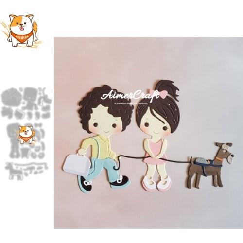 Boy and girl walking the dog Metal Cutting Dies Scrapbooking Stencil DIY Embossing Craft Die Cuts Card Making New Dies For 2021