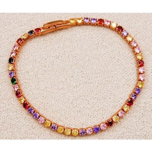 Trendy Round Colorful Rainbow Zirconia Link Chain Charm Bracelets Hidden Safety Clasp For Women Girls Fashion Jewerly Accessorie