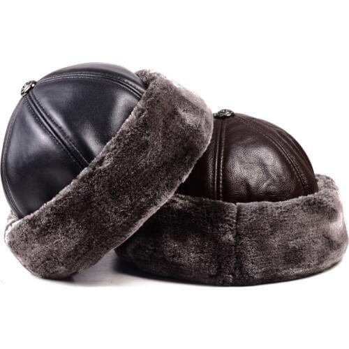 Mens Genuine Leather Winter Warm Thick lining Skullcap Beanies Beret Round Hat Brimless Caps/Hats