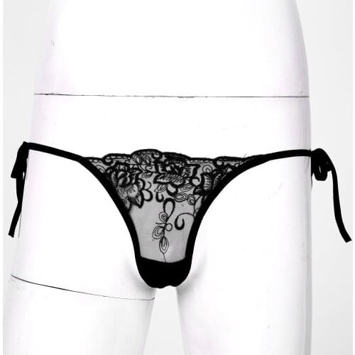 Men Breathable Lace G-String Underwear Seamless See-through Mesh Embroidered Thongs Low Waist Lace-Up Sissy Underpants T-Back