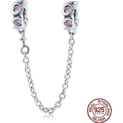 Genuine 925 sterling silver elegant heart safety chain charm fit original 3MM bracelet beads jewelry DIY gift making
