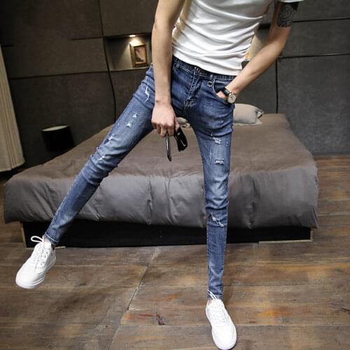 Wholesale 2020 teenagers jeans mens retro stretch slim feet tight Ankle length pants thin social spirit guy skinny jeans men