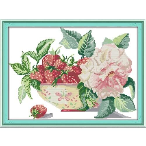 Joy sunday still life style Strawberry pot simple cross stitch patterns free print chart for needlepoint gift