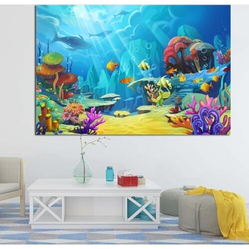 Under Sea World Coral Dolphin Fish Canvas Painting Art Abstract Prints Posters Picture Wall Art Childrens Room Home Decoration