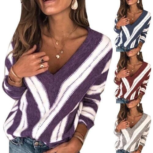 Striped Long Sleeve Sweater Women V-neck Loose Pullover Sweater Large Size Women Sweater
