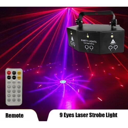 Remote Control Dj Led 9 Eyes RGB Disco Laser Strobe Light DMX512 Lazer Fog Machine Stage Lighting Wedding Night KTV Club