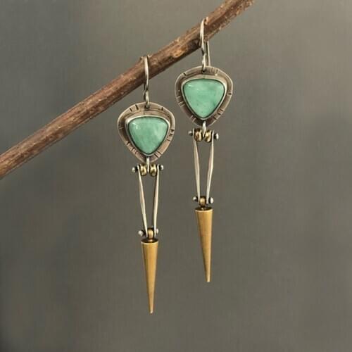 Tibetan Golden Metal Cone Triangle Green Stone Earrings Retro Boho Antique Silver Color Hanging Dangle Earring