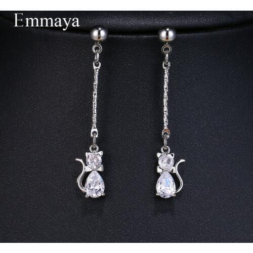 EMMAYA Fashionable Women Gift AAA Zircon Cute Cat Charm Earrings Jewelry Gentle Fashion Silver Plated Link Chain Earrings