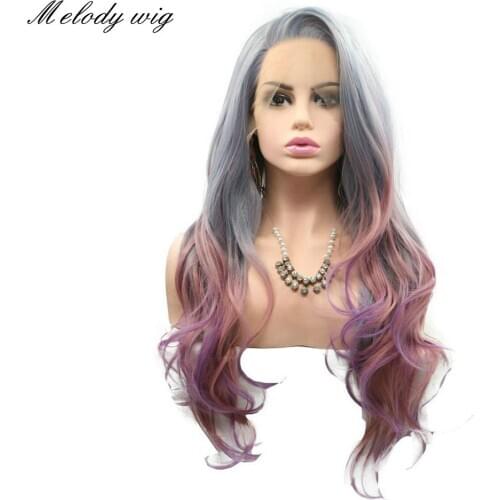 Melody Synthetic Lace Front Wigs Heat Resistant Side Part Smoke Grey Ombre Pink Purple Long Body Wave for Women Natural Looking