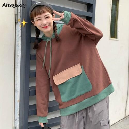 Hoodies Womens Patchwork Thick Plus Velvet Front Pockets Hooded Sweatshirts Vintage Harajuku Pullovers Female New Autumn Ulzzang