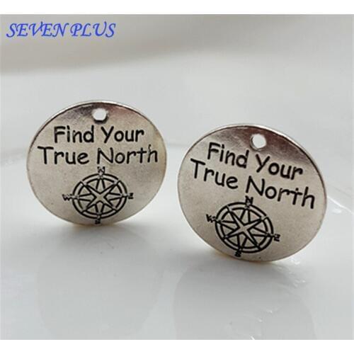 High Quality 20 Pieces/Lot Diameter 25mm Letter Printed Find Your True North Words Compass Charms For Jewelry Making