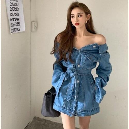Korean Women Blue Denim Jacket Sexy Off Shoulder Waist Jeans Jacket Plus Belt 2021 Autumn Casual Vintage Female Long Sleeve Coat