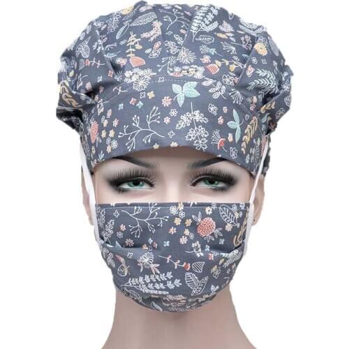 Women Scrub Caps Sets Pattern Printed Cotton Sweatband Bouffant Hats Cotton Washable Reuseable Anti-dust Casual Working Caps