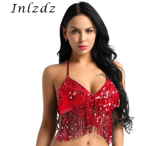 Womens Pole Dance Rave Crop Top Wet Look Halter Neck and Back Tie Up Latin Belly Dance Bra Top with Sequins Tassel Rave Clothes