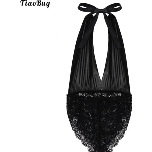 TiaoBug Women One-Piece Mesh Bodysuit Lingerie Deep V Neck Halter Neck Straps Self Tie Back See-Through Lace Bottoms Jumpsuit