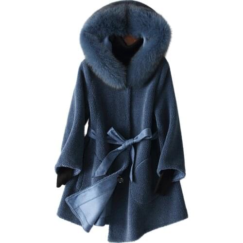 Tide Women Winter Real Fur Overcoat Sheep Shearing Lady Casual Warm Natural Sheep Genuine Lamb 100% Wool Fur Hooded Coat