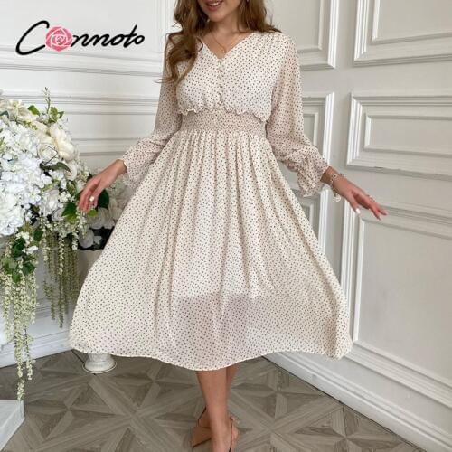 Conmoto casual flare sleeve dress women Elegant V-neck Polka Dot print sash dress A-Line holiday female midi dress autumn 2020