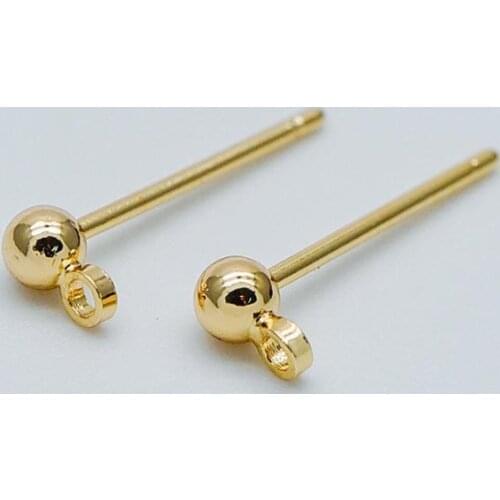 20pcs Gold plated Brass Stud Earring, Ball Ear Posts with Ring/ Loop, 3mm/ 4mm Ball Size (GB-136)