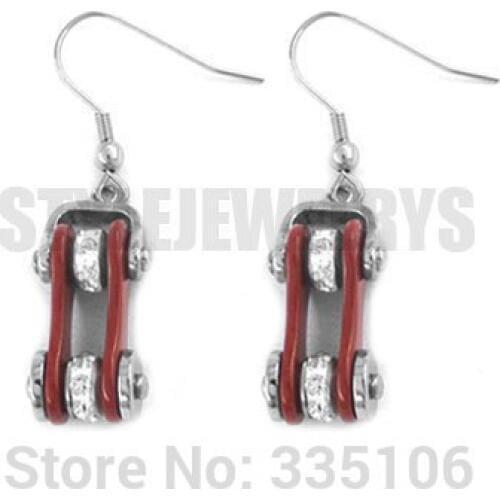 Free Shipping! Red Bicycle Chain Motor Earrings Stainless Steel Jewelry Bling Rhinestone Motorcycle Biker Earring SJE370121A