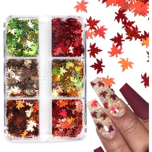 Holographic Maple Leaf Nail Art Glitter Sequins Fall Leaves Paillette Flake Nail Tips Decoration Kit Manicure Design Accessories
