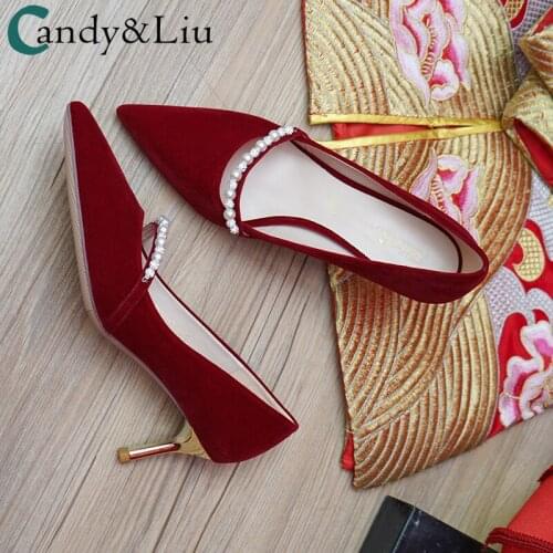 Graceful Wedding Shoes Summer Red 2021 New Red High-heeled Bridal Shoes Show Pointed Toe Pearls Strap Female Higher Heels