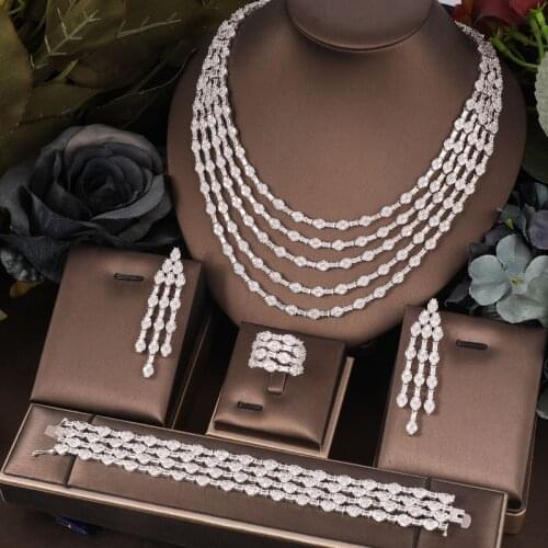 Janekelly4 pcs Bridal Zirconia Full Jewelry Sets For Women Party, Luxury Dubai Nigeria CZ Crystal Wedding Jewelry Sets