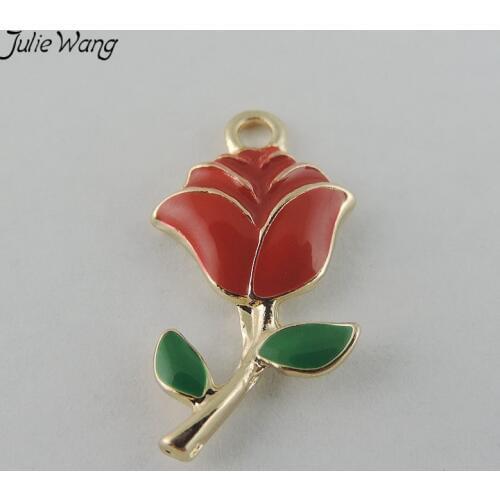 Julie Wang 20PCS Stunning Fire Red Mini Rose Flower Shape Enamel Alloy Pendant Charm DIY Unique Women Jewelry Accessory