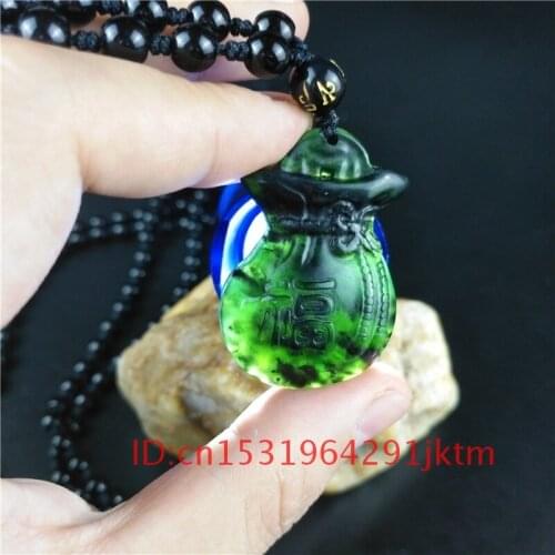 Chinese for Fortune Amulet Gifts Jade Pendant Bag Green Men Necklace Obsidian Jewelry Natural Accessories Black Carved Charm