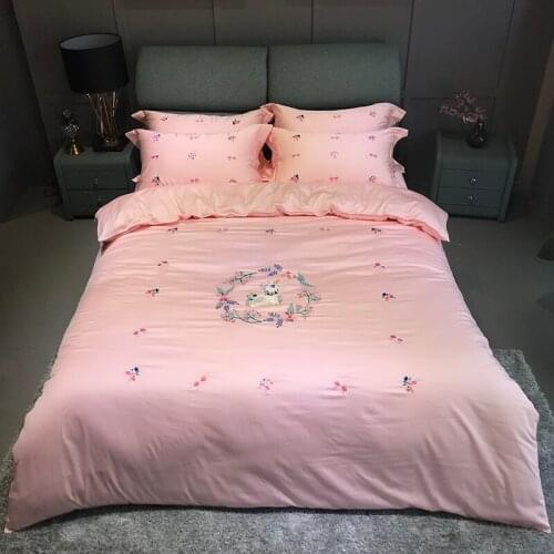 Egyptian cotton gray pink color Unicorn bedding set queen king size 4pcs bed sheet bed linen set embroidered duvet cover