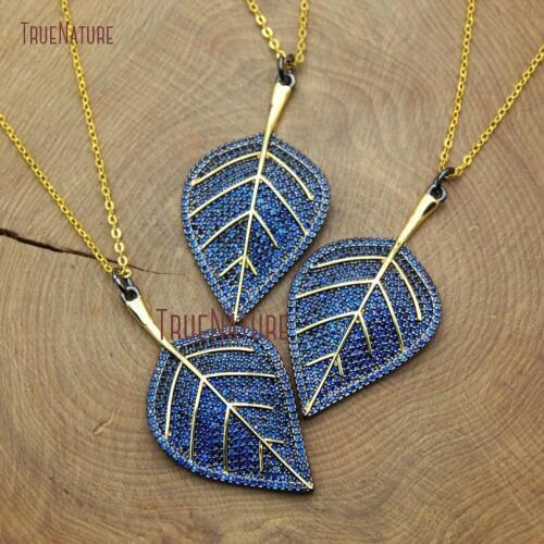 Mosaic Clear Zircon Beads Royal Blue Leaf Charm Handmade Pendant Necklace Gold Electroplated Long Chains In 18 Inch NM10505