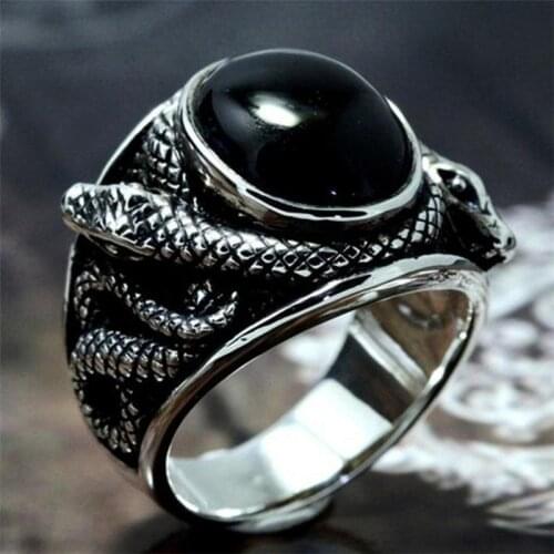 Gothic Punk Snake Rings For Men Vintage Black Stone Aniaml Ring Jewelry Boho Statement Retro Biker Finger Ring Accessories Gift