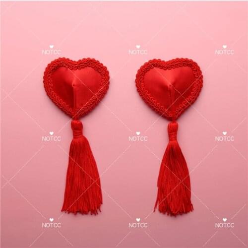 NOTCC Sexy Red / Black Chinese Knot Fun Breast Petals Women Heart Shape Patch Cover with Tassel Egirl Reusable Nipple Stickers
