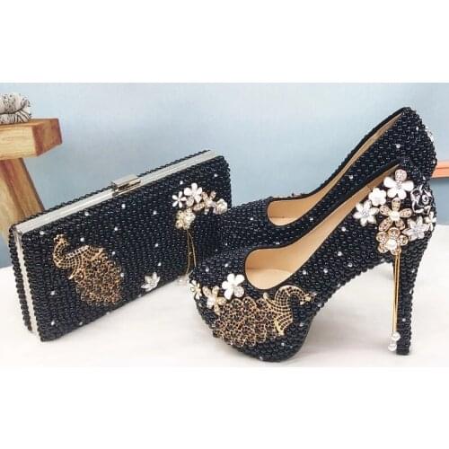 2021New Women Peacock Black Pearl Party Dress Shoes With Bag Bride 8cm Wedding Shoes Lady Round Toe Thin Heel Big Size High heel