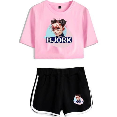 Fashion New Arrive Bjork Exposed Navel pink T-shirt+black shorts womens two-piece Cotton High Quality womens two-piece sets