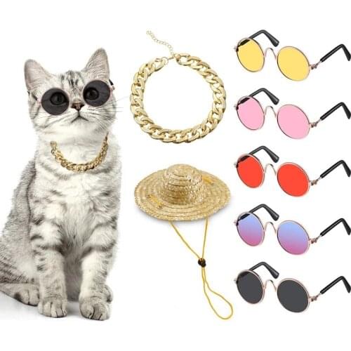 Lovely Pet Cat Glasses Dog Glasses Pet Products Cat Toy Dog Sunglasses Photos Props Pet Accessoires Round Glasses Straw hat set