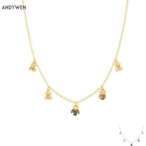 ANDYWEN 925 Sterling Silver Gold Color Bees Charm Choker Necklace Long Chain Fashion Jewelry 2021 Wedding Crystal Jewels