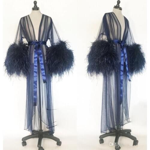 Sexy Women Robe Fur Nightgown Bathrobe Sleepwear V Neck Bridal Robe with Belt Wedding Party Gifts Navy Bridesmaid Dress